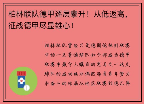 柏林联队德甲逐层攀升！从低返高，征战德甲尽显雄心！