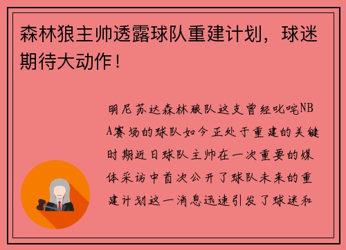 森林狼主帅透露球队重建计划，球迷期待大动作！
